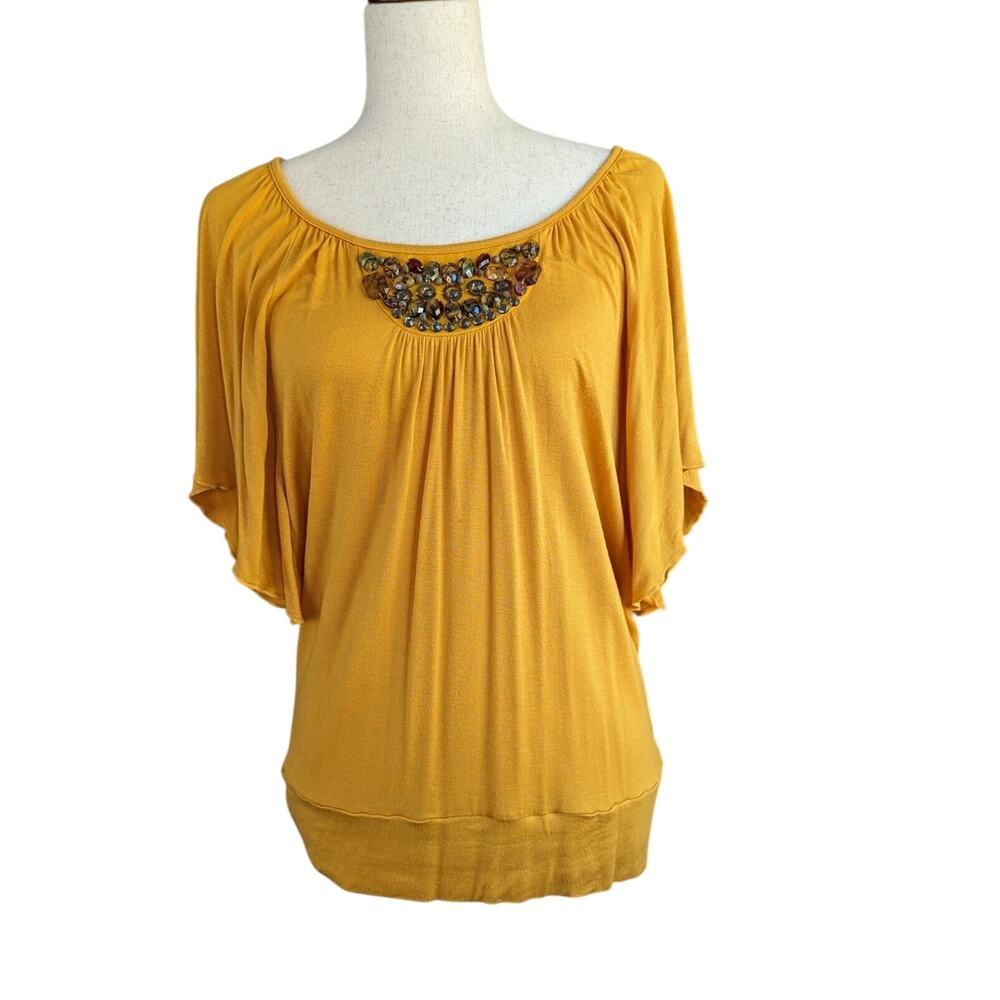 AGB Yellow Flutter Sleeve Beaded Embellished Blouse Women's Size Small